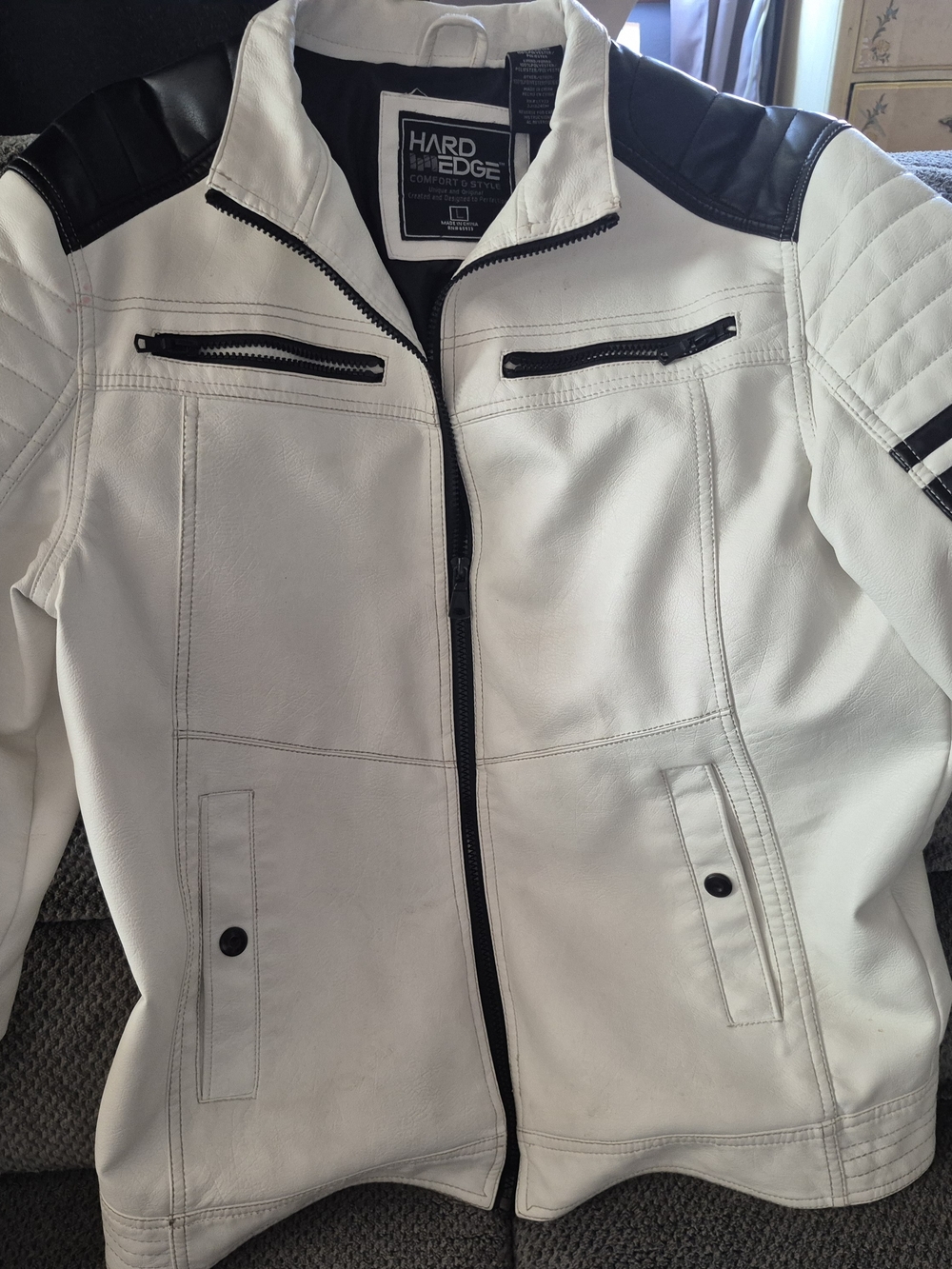 Hard Edge Men’s Motorcycle Jacket Full Zip Stand-Up Collar White/Black L